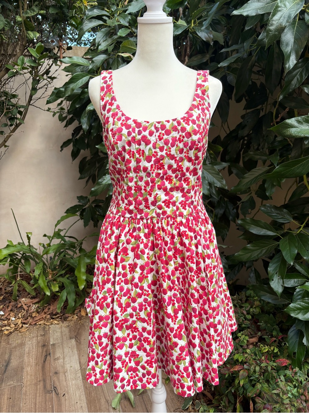 J. Crew Raspberry Smocked Bodice Dress - Red & White